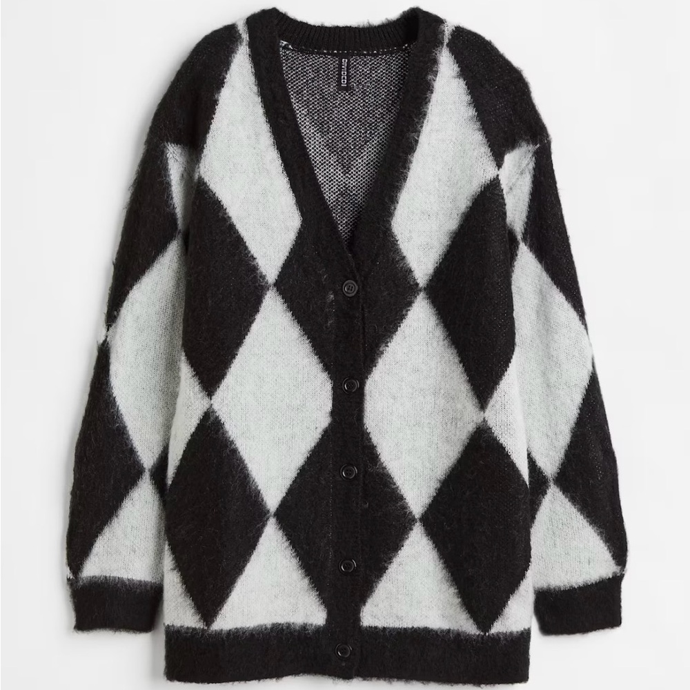 H&M HARLEQUIN (diamond) PATTERNED CARDIGAN oversized V Neck with buttons